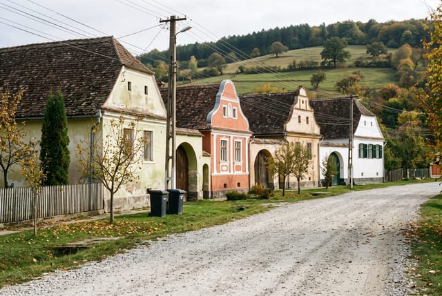 Gravel street in a Saxon village in autumn, a row of gabled farmhouses in yellow, orange and cream, wooded hills behind
